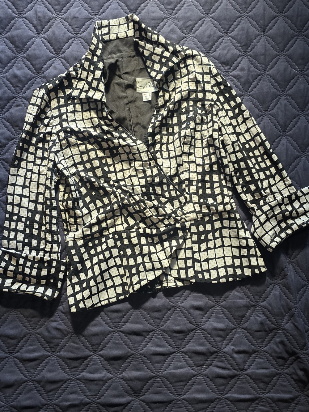 Joseph Ribkoff Geometric Checkerboard Collared Wrap Front Blouse Jacket - Picture 2 of 7